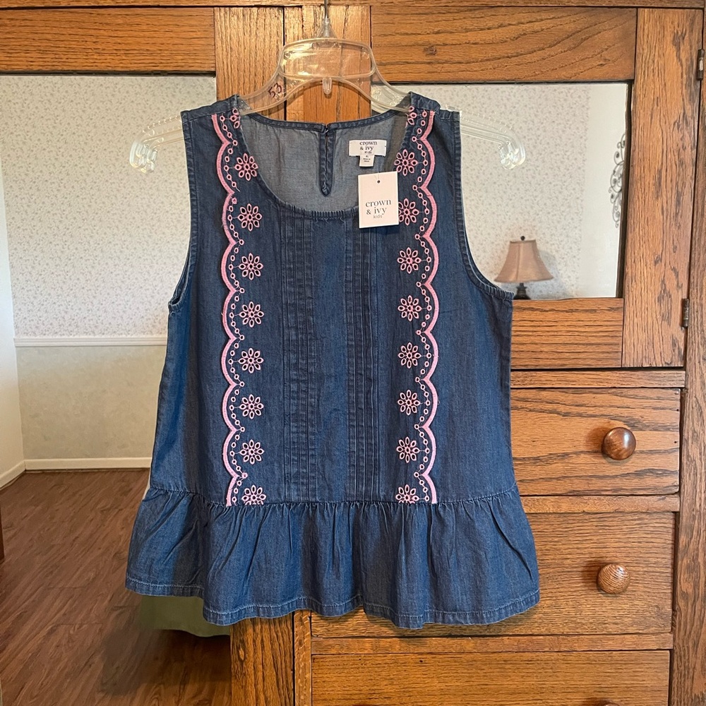 Girls Denim Top with Pink Embroidery Size 16/18